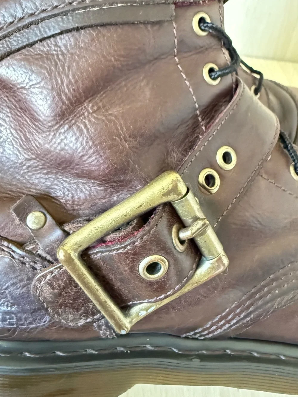Dr. Martens Brown Leather Buckle Lace-Up Combat Boots Moto Biker Plaid M10/W11